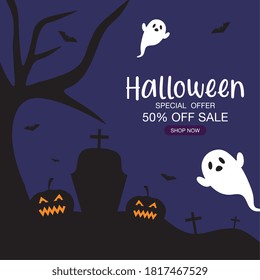 halloween special offer sale with ghosts cartoons design, shop now and ecommerce theme Vector illustration