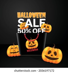 Halloween special shopping promotion vector design with text sale of 50% and pumpkins, good for use as banners, flyers, billboards, background, social media greetings, etc.