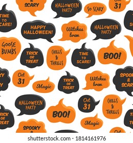 Halloween speech bubbles. Black and orange comic bubble with happy halloween, witches brew, 31 oct and boo, seamless pattern on white background, creative design textile, wrapping, wallpaper vector texture