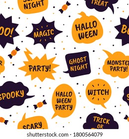 Halloween speech bubbles. Comic bubbles black and orange color with text happy halloween, magic and party, witch seamless vector pattern. Ghost night, spooky, trick or treat message