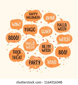 Halloween-Sprechblasen mit Text: Fröhliches Halloween, Trick oder Drohung, Party, sei meine Hexe etc. Vektorgrafik im Kreis mit Farbkonfetti. Kürbis mit Phrasen, einzeln