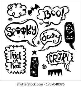 Halloween Speech Bubbles Set With Text: Spooky, Trick Or Threat, Creepy, Scary Etc. Vector Illustration ,isolated