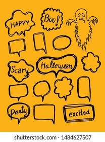 Halloween speech bubbles with short phrases: happy Halloween, trick or threat, party. Vector illustration.