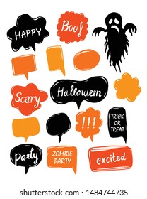 Halloween speech bubbles with short phrases: happy Halloween, trick or threat, party. Vector illustration. hand-drawn.
