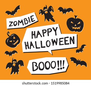 Halloween speech bubbles with short phrases: happy Halloween, trick or threat, party. Vector illustration. hand-drawn.
