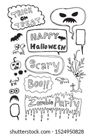 Halloween speech bubbles with short phrases: happy Halloween, trick or threat, party. Vector illustration. hand-drawn. White and black.