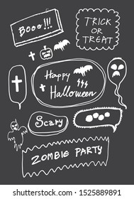 Halloween speech bubbles with short phrases: happy Halloween, trick or threat, party. Vector illustration. hand-drawn.