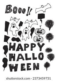 Burbujas de discurso de Halloween con frases cortas: Feliz Halloween, truco o amenaza, fiesta. Ilustración vectorial.