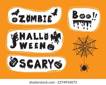 Halloween speech bubbles with short phrases: happy Halloween, trick or threat, party. Vector illustration.
