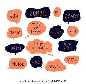 Halloween speech bubbles. Trick or threat, happy halloween, ghost and boo text in comic thinking bubbles. Vector set