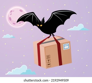 Banner comercial de servicio de entrega rápida de Halloween. En un cielo nocturno morado iluminado por la luna salpicado de estrellas, un mensajero de murciélagos entrega un paquete. Los pedidos se pueden realizar desde casa para minoristas en línea. Vector