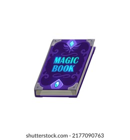 Halloween spellbook, ancient magic book with alchemy recipes, mystic spells and enchantments with old purple ornate mysterious cover front view. Game ui graphic, witchcraft element, wizard education