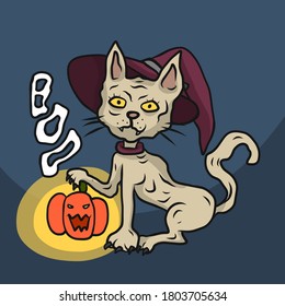 Halloween sphinx cat witch cartoon vector illustration