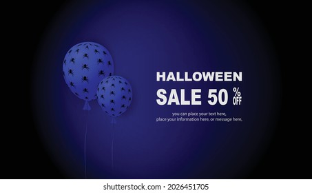 Halloween spider balloons banner of sale 50% with copy space on dark blue vector background - Website spooky or banner template