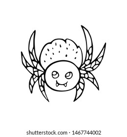 Halloween Spider. Black and white doodle linear sketch. Vector illustration. Hand drawing cartoon illustration on white background