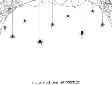 Halloween spider border. Horror scary background, spooky frame or Halloween holiday monochrome vector border, creepy tattoo with hanging black widow spiders and cobweb in corners