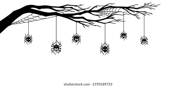 Borde de araña de Halloween con ramas de árbol y telaraña. Personajes arácnidos de negro vectores colgando de las cuerdas por las redes. Personajes espantadores de miedo de Venom en telarañas, marco decorativo monocromo