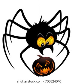 Halloween Spider Cartoon holding a Pumpkin