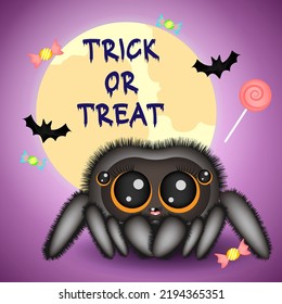 Halloween spider with cute face and candy, vector illustration