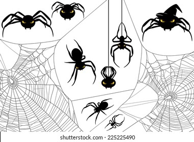 Halloween spider design set - monster arachnids among spiderweb vector silhouettes