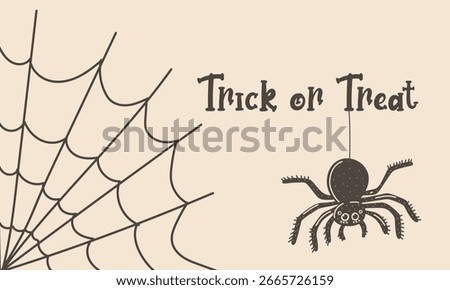 Halloween spider hanging on web with Trick or Treat text, cartoon vector illustration for spooky invitations, posters, greeting cards, party decor.