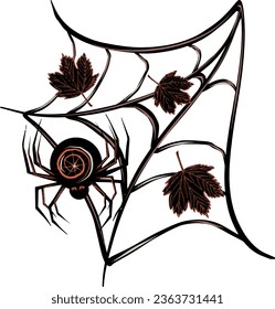 Halloween spider and maple leaves on the cobweb black. EPS vector illustration for stickers, creating patterns, wrapping paper, postcards, design template, fabric.