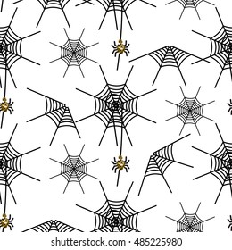 Halloween spider net vector pattern. Black and gray spooky background with glitter spider.