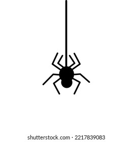 Halloween spider on web black silhouette isolated on white background. Flat style vector illustration