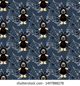 Halloween spider pug seamless pattern on the blue background. Vector illustration