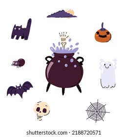 Halloween spider, pumpkin, cauldron, skull, candy, cat, web, moon, witch, hat. Halloween set. Hand drawn flat cartoon character illustration. Vector illustration on a white background.
