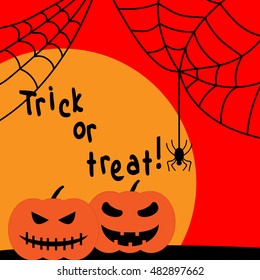Halloween spider, pumpkin sign with sun. Text Trick or Treat! Image of black insect with web and lantern. Fear icon on sunset background. Logo for party or greeting. Mark of All hallows' day. VECTOR
