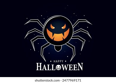 Halloween spider with a scary face on its body. Greeting card. Vector illustration