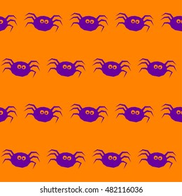 Halloween spider seamless pattern background. Abstract halloween purple spiders isolated on orange cover. Handmade halloween pattern for design card, invitation, poster, banner, menu, album etc.