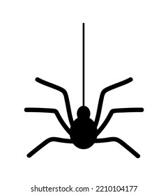 Halloween spider silhouette. Scary insect hangs on web. Sticker for social networks and messengers. Graphic element for printing on fabric. Panic and phobia. Cartoon flat vector illustration