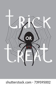 Halloween spider sitting on web trick or treat card grey background