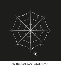 Halloween spider with spiderweb. Spider weaving web vector background. Scary white outline silhouette cobweb. Vector illiustration.
