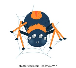 Halloween spider sticker. Tarantula and arachnid at web. Mascot and toy. International holiday of fear and horror. Graphic element for website. Flat vector illustration isolated on white background