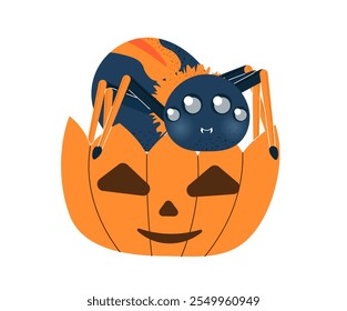 Halloween spider sticker. Tarantula and arachnid with pumpkin. Mascot and toy. International holiday of fear and horror. Template and layout. Flat vector illustration isolated on white background