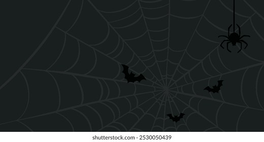 Halloween spider web background with bats, scary night vector creepy cartoon banner design, dark