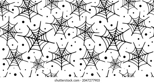 Halloween Spider Web Background. Black and White Isolated Seamless Pattern of Cobweb. Hand-drawn Halloween Vector Illustration.