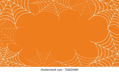 Halloween spider web background vector illustration, cobweb frame on orange background.
