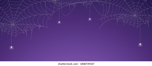 Halloween spider web banner with spiders, cobweb background