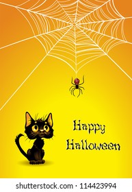 Halloween spider web and black cat background. Vector illustration layered.