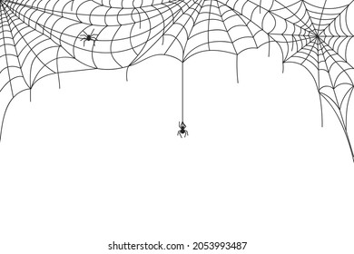 Borde de telaraña de Halloween, telarañas espeluznantes con arañas colgantes. Aterradoras telarañas de decoración de marco, fondo vectorial de silueta de telaraña. Criatura de horror envenenada o insecto para vacaciones