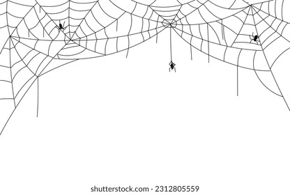 Halloween spider web border, spooky cobwebs with hanging spiders