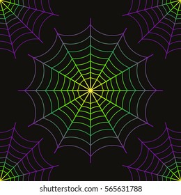 Halloween spider web,  bright outline on black background. vector illustration. seamless background.