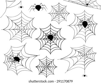 Halloween Spider Web Collection-Collection of different Halloween spider webs and different spiders including corner spider webs, hanging spiders and a variety of other spider webs