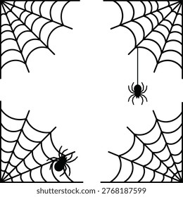 Halloween spider web corner collection in a flat black linear style, featuring spooky insects, arachnids, traps, and decorations.