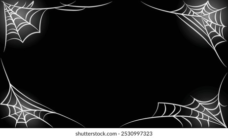 Halloween spider web frame. Neon. Line art. A spooky, eerie design. Isolated on black background. Scary decoration. Cobweb hanging in corners of haunted house. Halloween theme night party. Copy space.