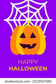 Halloween Spider Web Greeting Card. Vector Illustration of Flat Style Background. Trick or Treat Postcard. Scary Party Concept. Horror Holiday.